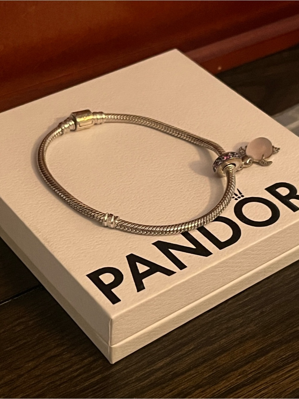 Pandora Silver Bracelet with pink, silver turtle charm
